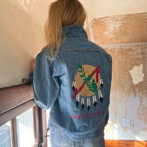 RARE Denim Jacket Oklahoma Native American Southwestern Embroidered & Patchwork